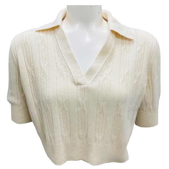 KHAITE Sweaters - KHAITE IVORY CROPPED SHORT SLEEVED CASHMERE KNIT SWEATER